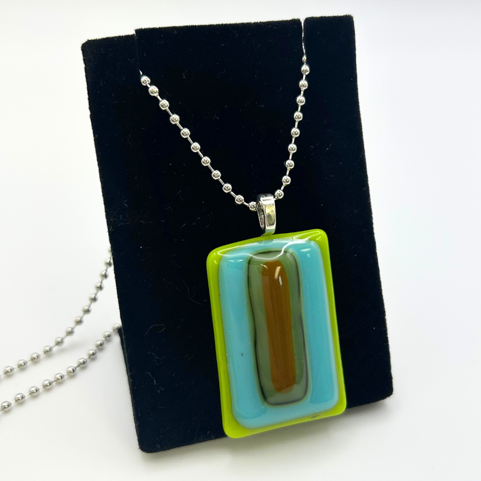 Fused Glass Pendant Necklace – Green, Teal & Brown